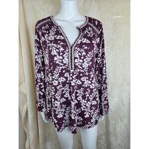 Lucky Brand Womens 1X Purple Floral Embroidered V-Neck Peasant Blouse Top